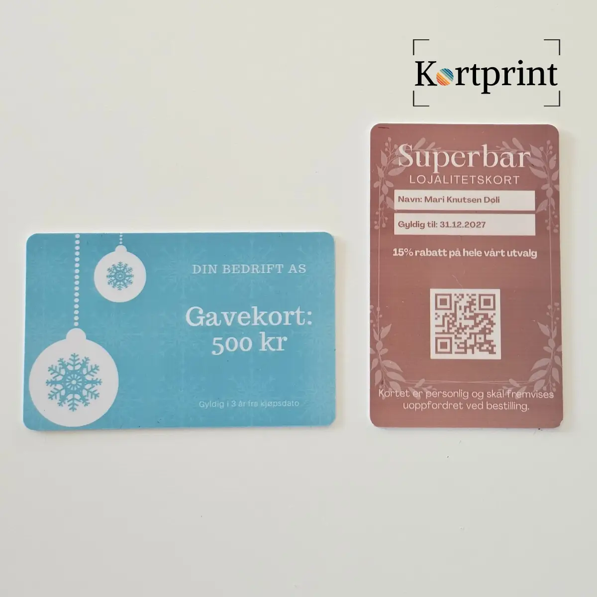 Eksempel på gavekort og lojalitetskort med unikt design for ditt firma